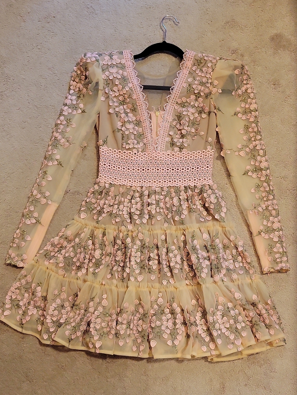 Bronx and Banco Pink Floral Embroidered Tulle Tiered Long Sleeve Mini Dress